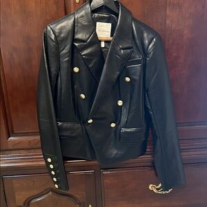 Avec Les Filles Black Faux Leather Double-Breasted Blazer with Gold Buttons